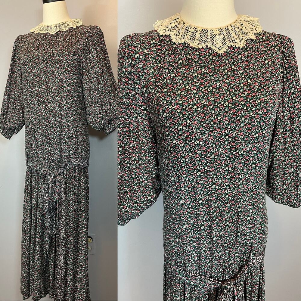 Vintage Drop Waist Dress Pleated Skirt Lace Collar Ditzy Floral Balloon Sleeve